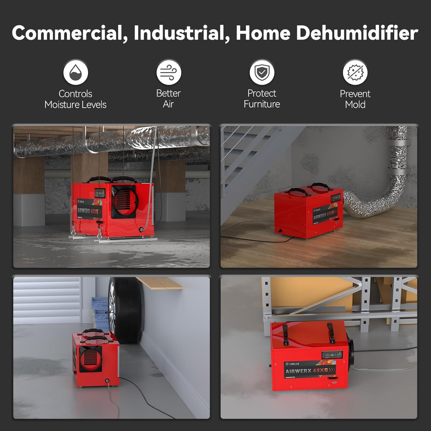 BaseAire 120 Pints Commercial Dehumidifier for Crawl Space Basement Warehouse