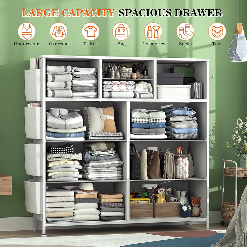 White Dresser for Bedroom with 10 Drawers, Chest of Drawers with Side Pockets an