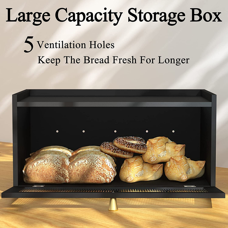 Black Bread Box for Kitchen Countertop-Large Modern Bamboo Bread Box with Window