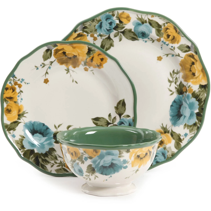 Pioneer Woman Dinnerware Set 12-Piece Rose Shadow Green Ceramic Floral NEW