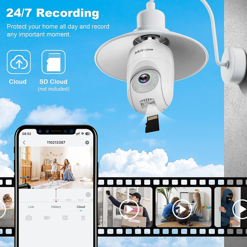 Alkivision 2K Light Bulb Security Cameras Wireless Outdoor - 2.4G Hz 360&deg; Motion