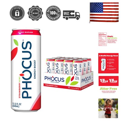 Phocus Strawberry Kiwi Energy Boost Drink - 12 Pack, Zero Sugar, 75mg Caffeine