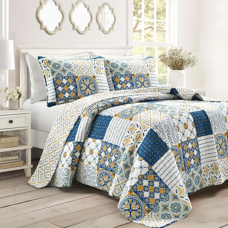 Lush Decor Monique 3 Piece Quilt Set, Full/Queen, Navy & Mustard
