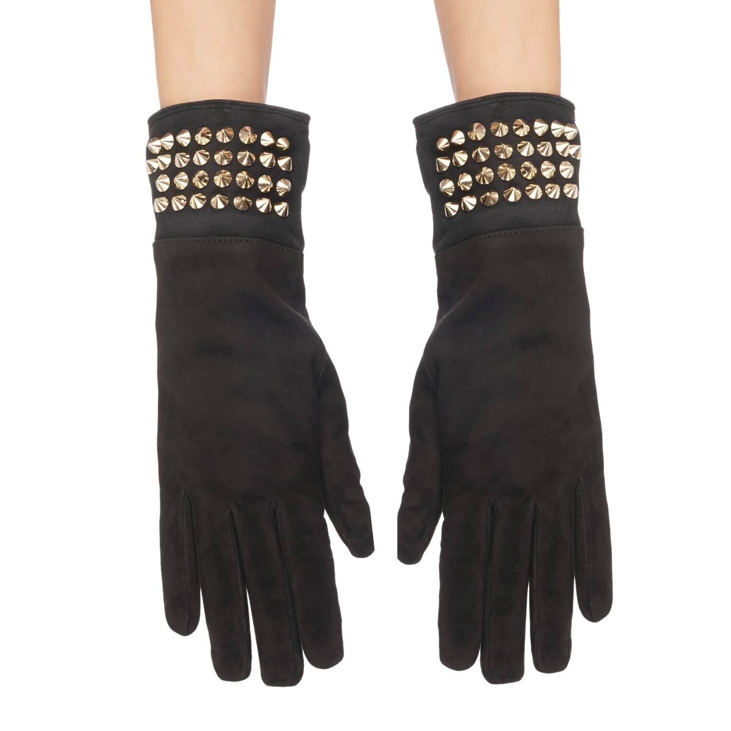 Перчатки Philipp Plein Lady с заклепками из замши, кожи и кашемира, Черное Золото 8,5