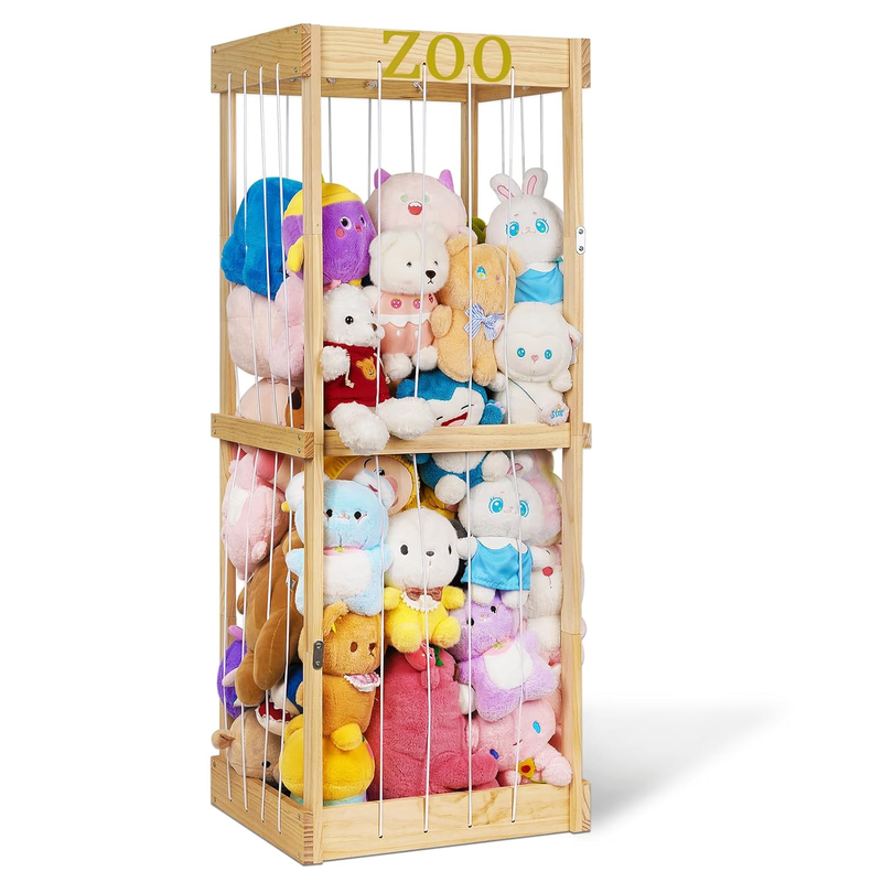 Stuffed Animal Zoo Stuffed Animal Storage Wood Plushie Storage Stuffed Animals Zoo Storage Cage with Zoo Pattern Elastic Band for Nursery Play Room Bedroom (Wood)