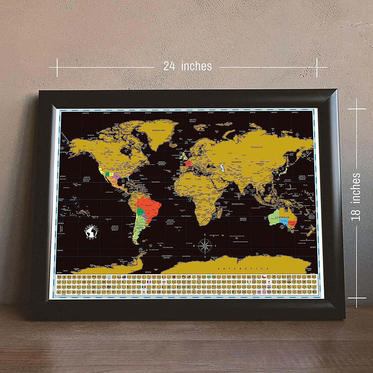 Scratch Off Map of The World Wall Poster w/ Countries Flags & Capitals 24” x 17”
