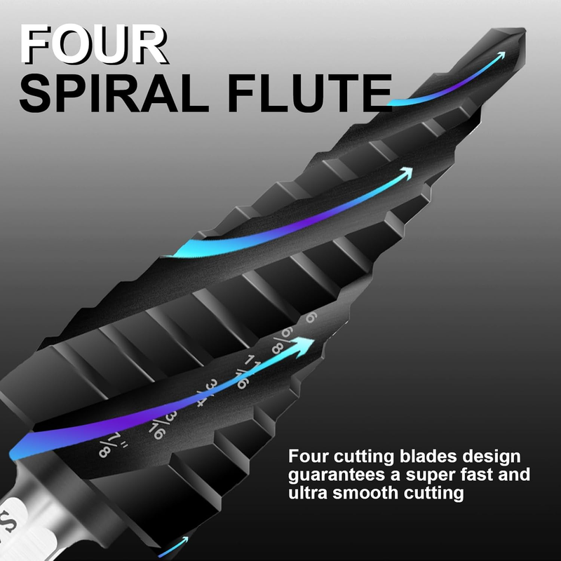 Step Drill Bits Set HSS M35 1/4"-3/4", 1/8"-1/2", 3/16"-7/8" Four Spiral Flute C