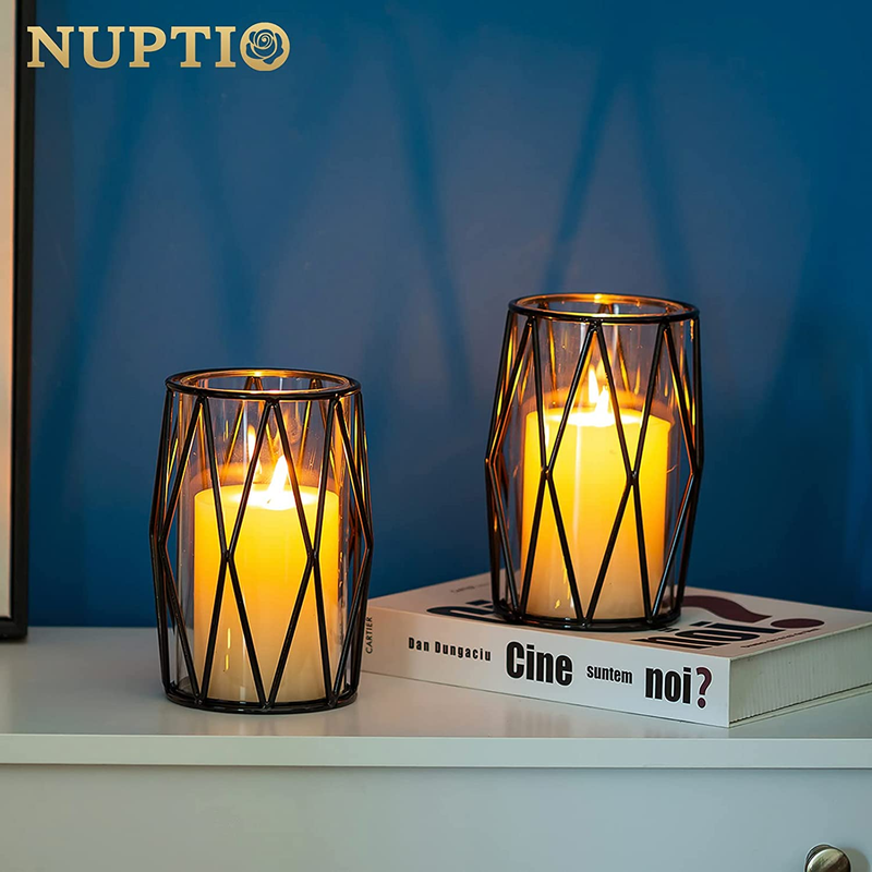 Nuptio Black Pillar Candle Holders - 2 Pcs Glass Candles Holder with Geometric M
