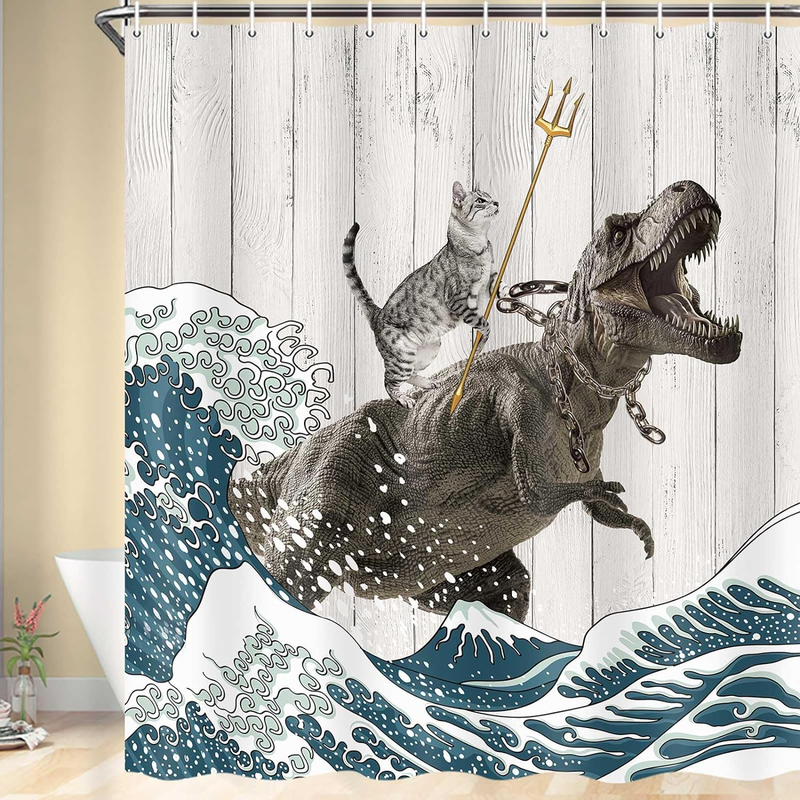 Funny Cat Shower Curtain, Cool Cat Dinosaur Japanese Ocean Wave Decor Fabric Bat