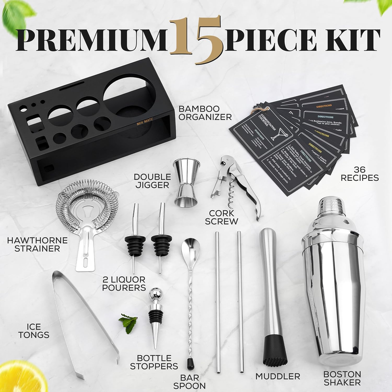 Mixology Bartender Kit with Stand | 15 Piece Bar Tool Set, Silver Bar Set Cockta