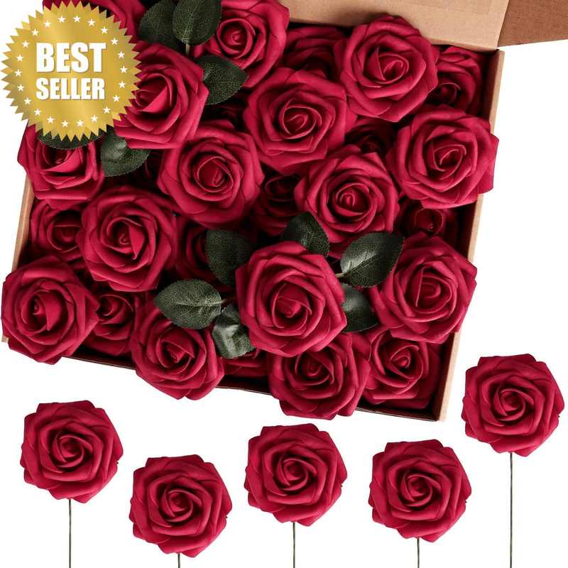Artificial Flowers 50Pcs Real Looking Foam Fake Roses with Stems for DIY Wedding