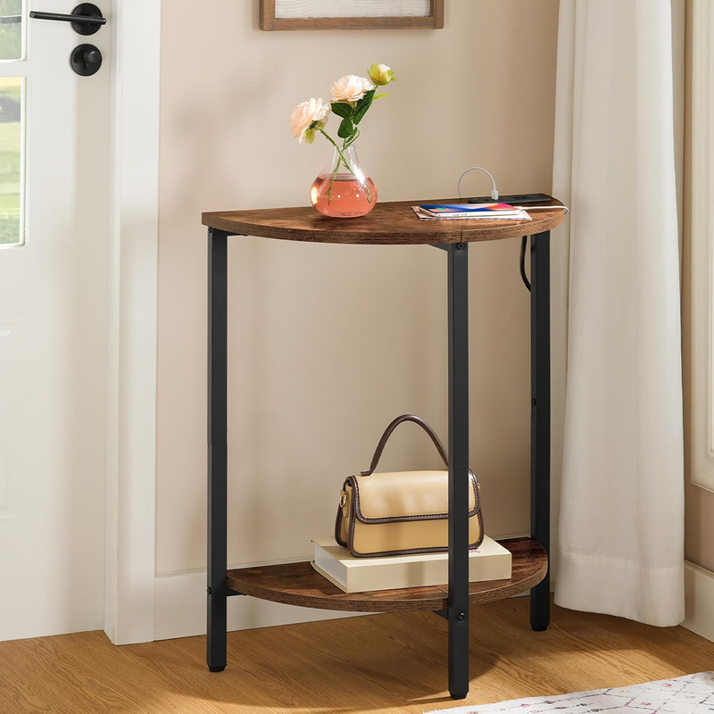Side Table with Charging Station, 2-Tier Half round End Table