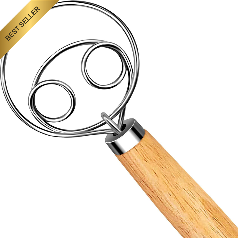 Danish Dough Whisk with Dough Hook & Wooden Handle, Stainless Steel Hand Mixer T