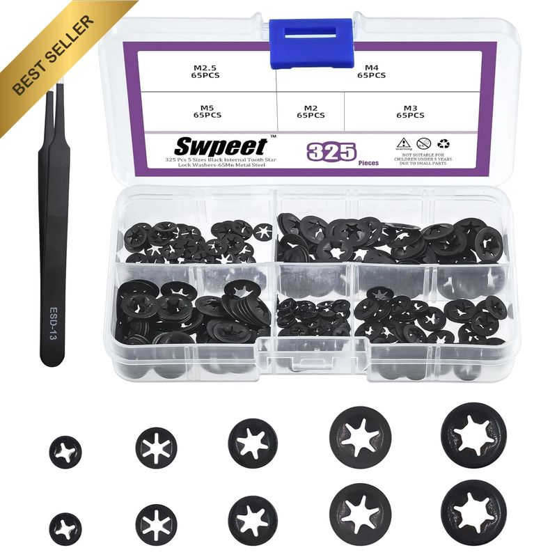 325Pc Manganese Steel Internal Tooth Lock Washer Assortment Kit M2-M5