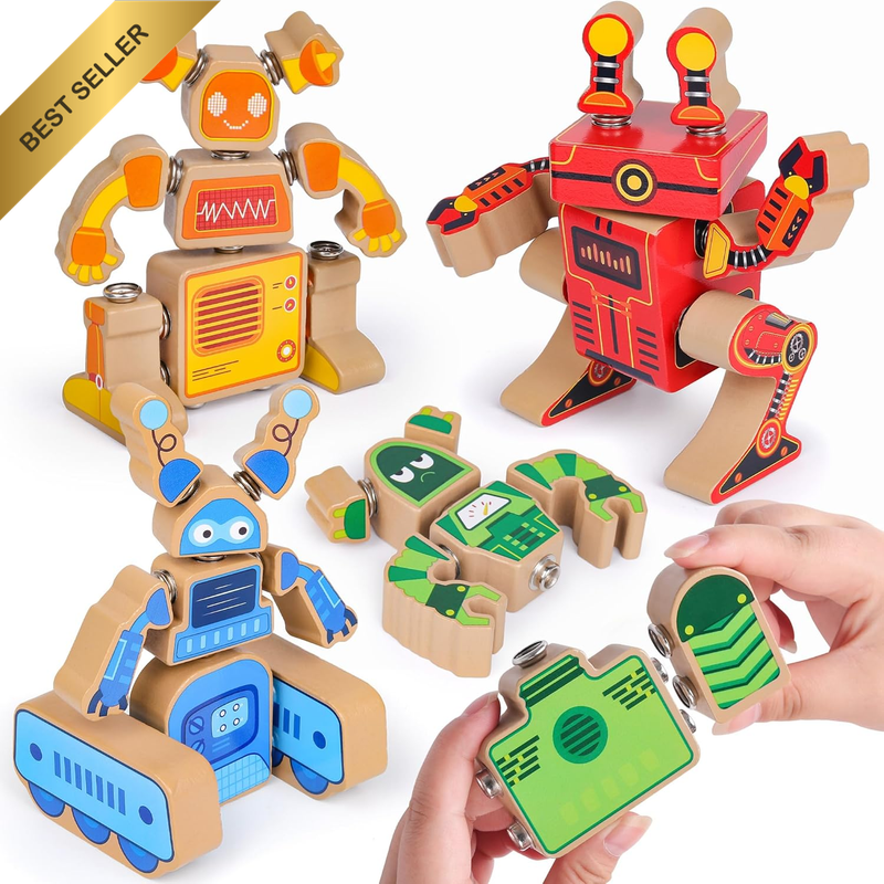 Wooden Robot Building Block Set for 3 4 5 Years Old Kids