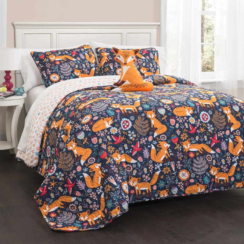 Pixie Fox Reversible Quilt Set, 4 Piece Set, Full/ Queen, Navy & Orange - Beddin