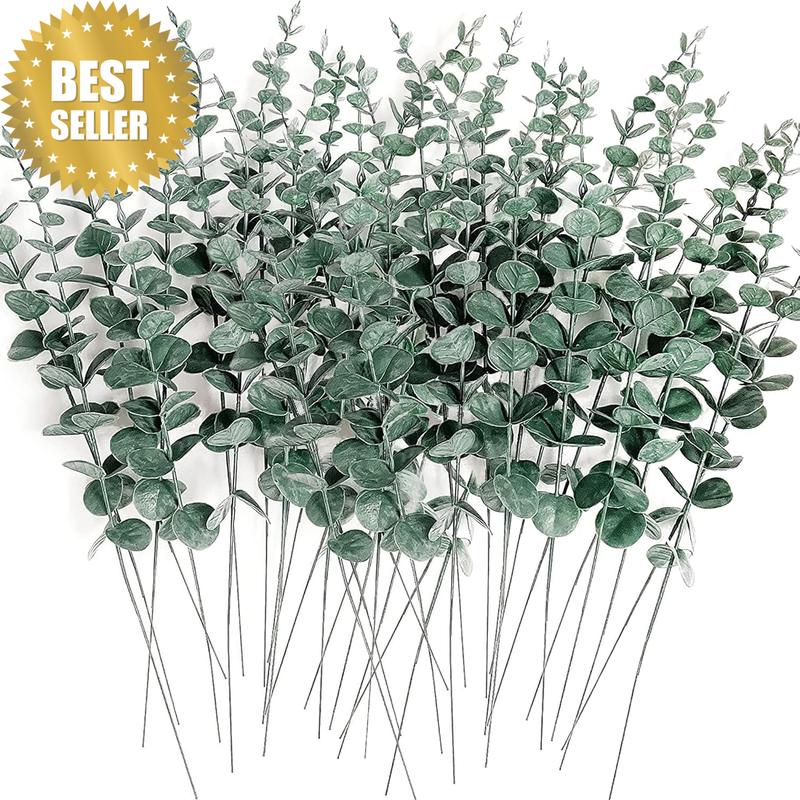 50Pcs Faux Eucalyptus Stems, Artificial Eucalyptus Leaves Stems Bulk, Fake Green