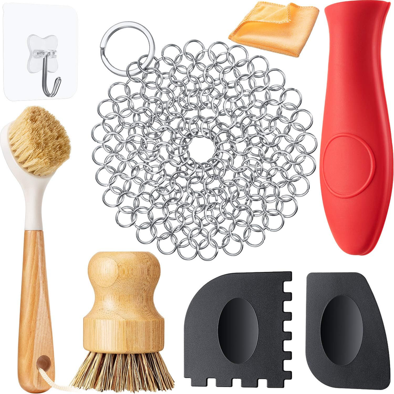 Cleaner Care Kit Include Chainmail Scrubber, Bamboo Handle D