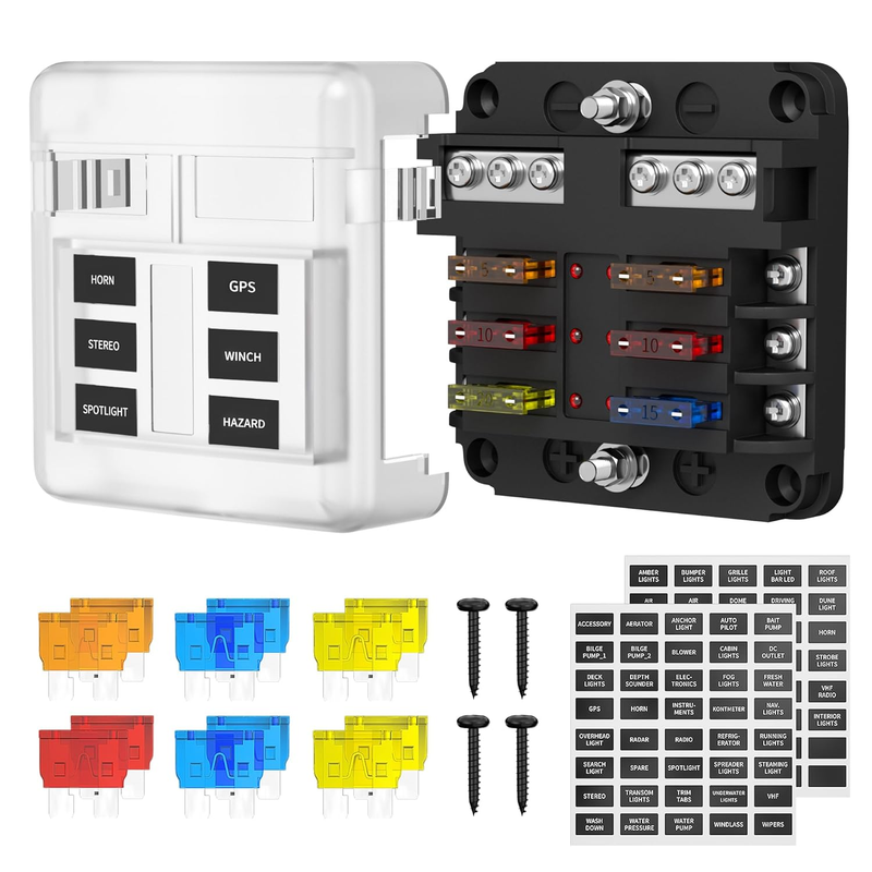 12V Fuse Block 6 Way with LED Indicator Light 12 Volt Fuse Box ATO/ATC Marine Fu