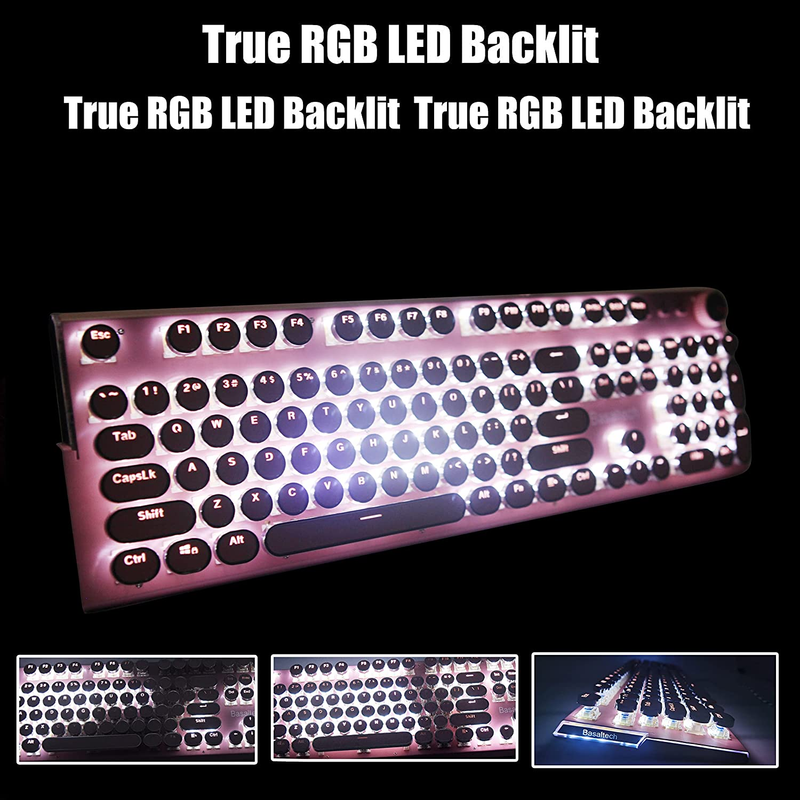 Pink Typewriter Style Mechanical Keyboard, Retro Punk White LED Backlit USB Wire