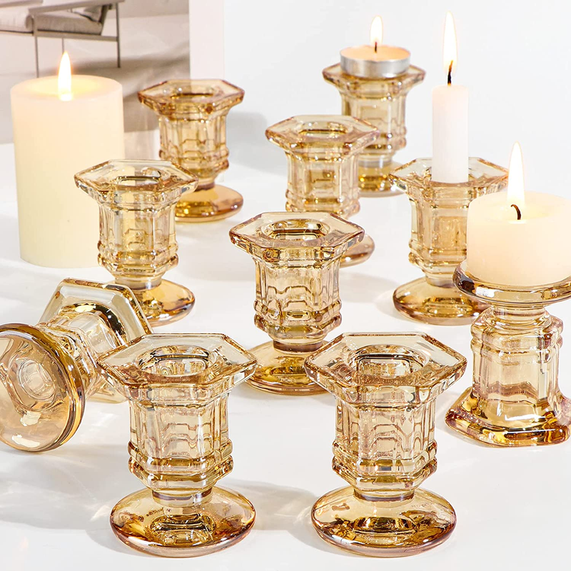 S Set, 12 Pcs Amber Candlestick Holders Bulk, Taper Candle Ho