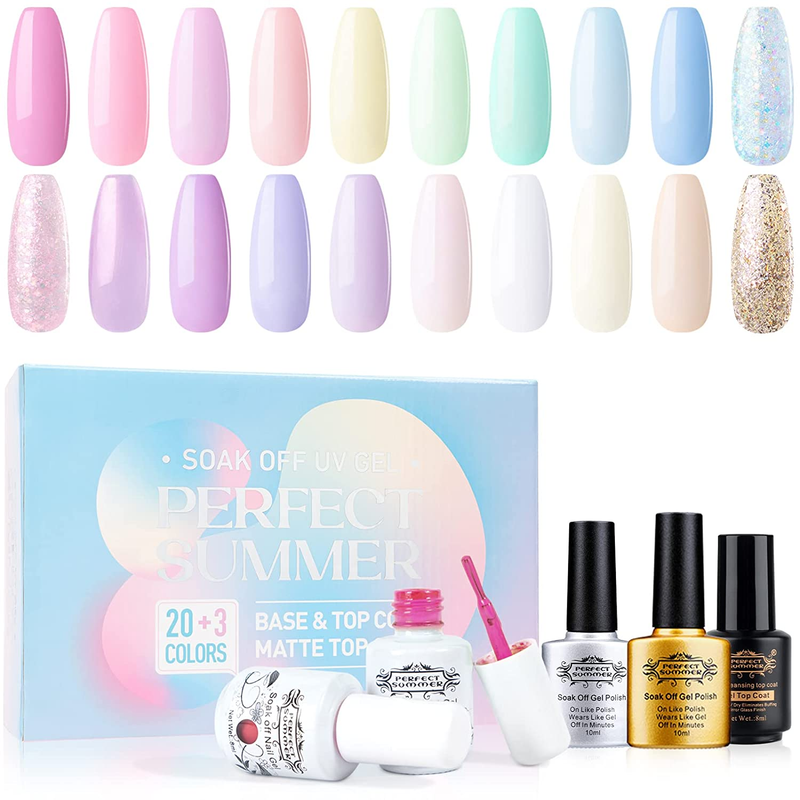 Perfect Summer Gel Nail Polish Kit with Top Base Coat, 20 Pastel Macaron Colors