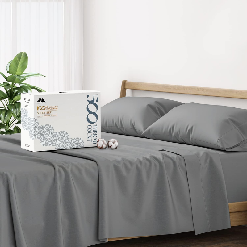 100% Cotton Twin Sheet Set - 500 Thread Count Twin Cotton Sheets Sets, 3 PC Twin Sheets, Luxury Sateen Sheets, Deep Pockets Easy Fit, Breathable Cotton Sheets for Dorm Room (Dark Grey)