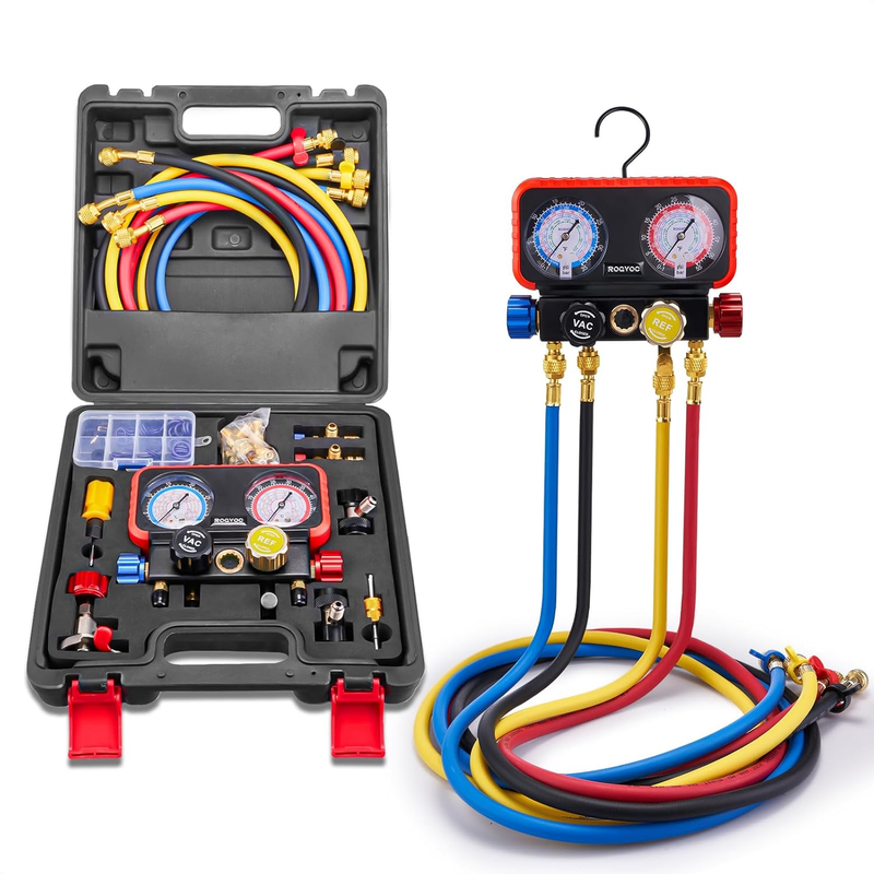 AC Gauges, AC Manifold Gauge Set for R22/R410A/R134A Refrigerant, 4 Way HVAC Refrigerant Gauges Set with R22 R410A Safety Valves, 5FT Hoses, R134A Adapters, Can Tap, Red