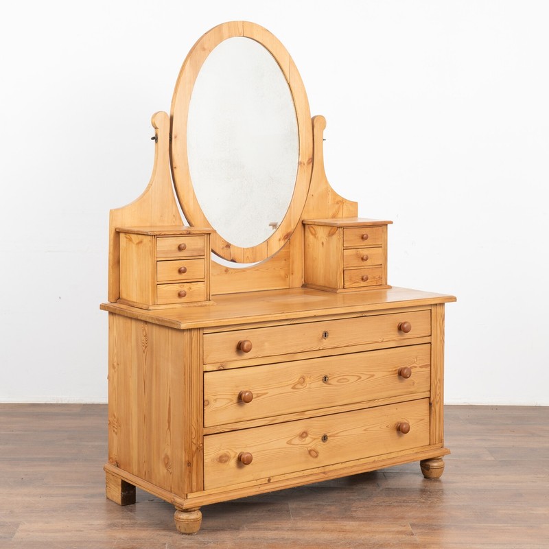 Antique Pine Vanity Mirror Dresser Chest of Drawers, Denmark circa