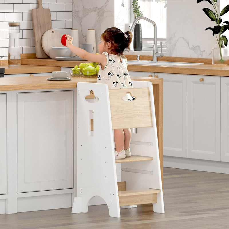 Toddler Standing Tower Adjustable Height - Super Stable Kids Kitchen Stool Helper - 3 Levels Adjustable Wooden Toddler Kitchen Stool (Natural & White)