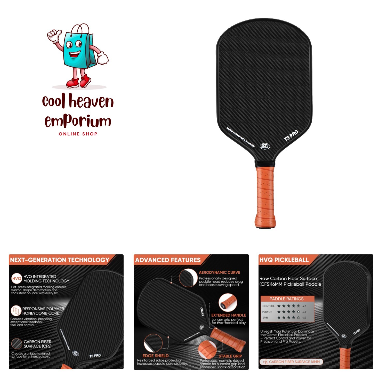 Pickleball Paddle - 3K Raw Carbon Fiber Surface CFS + Carbon