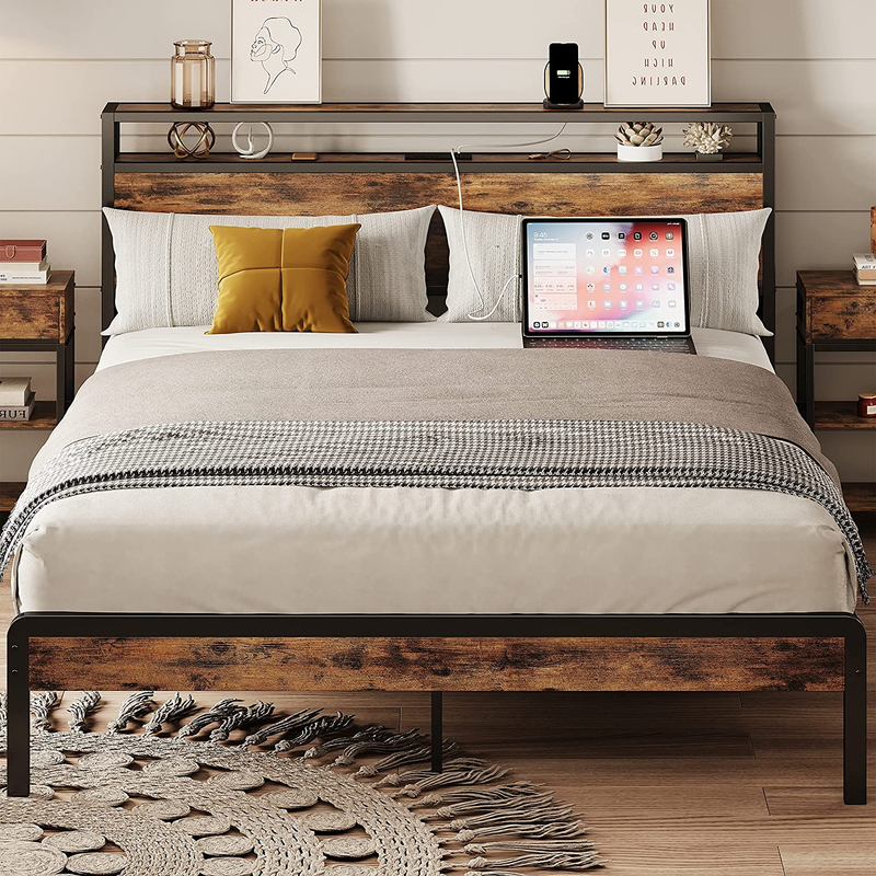 Queen Bed Frame,Platform Bed with 2-Tier Storage Headboard and Power Outlets, US