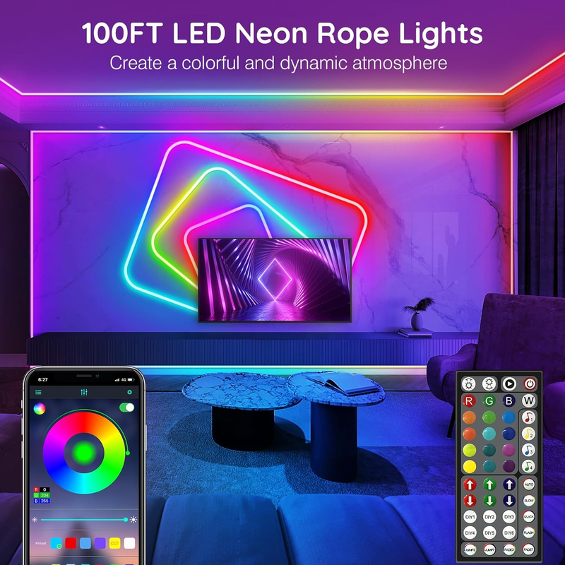 100FT(2 roll 50FT) Led Neon Rope Lights,Flexible Control with App/Remote,Multipl