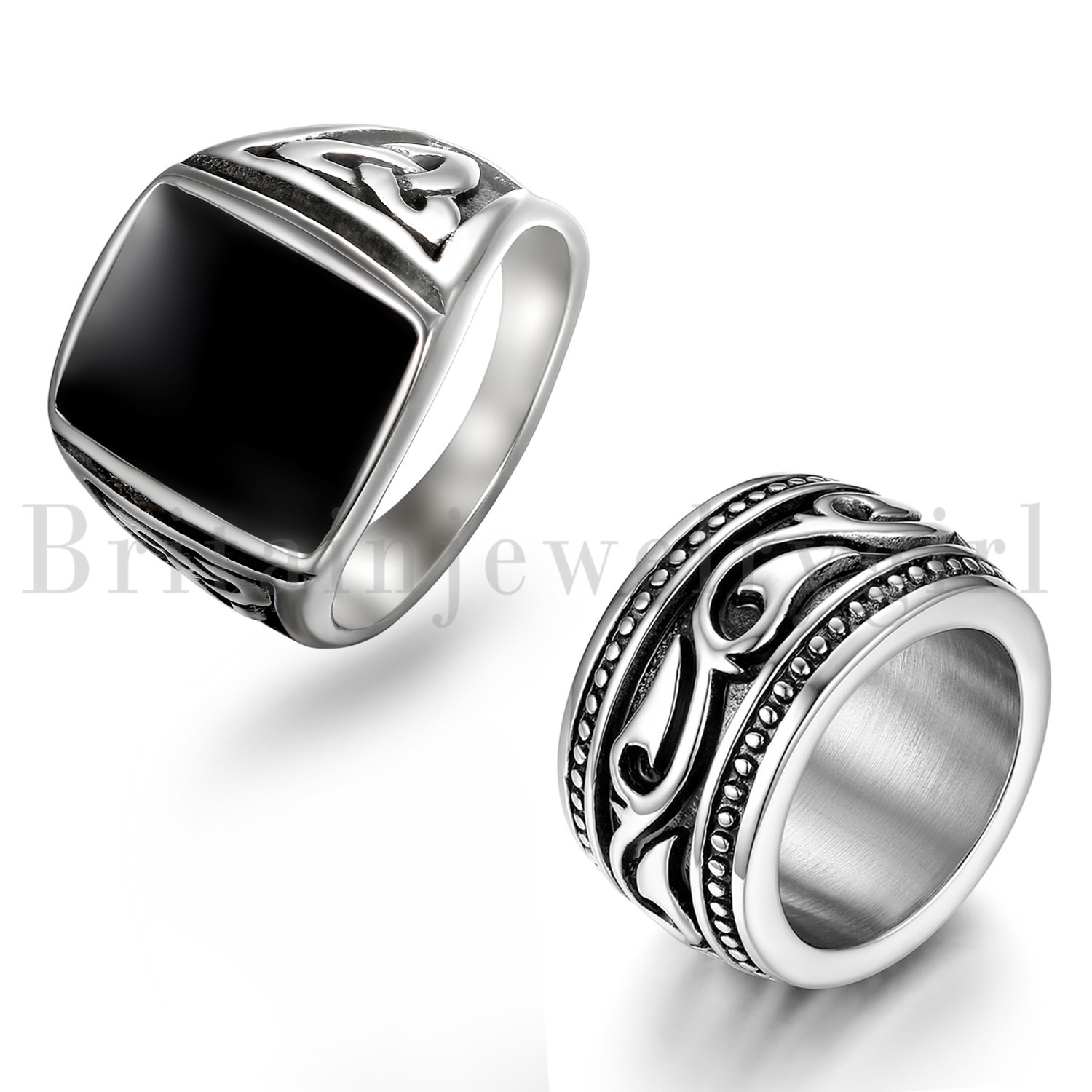 2Pcs Stainless Steel Rings for Men Vintage Biker Signet&Band