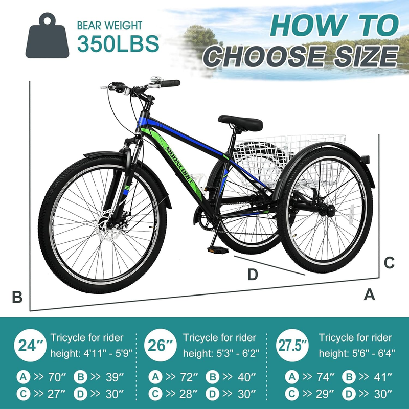 Mountain Tricycle for Adults, 3 Wheeled 7-Speed Mountain Tricycle 24 Inch 26 Inc