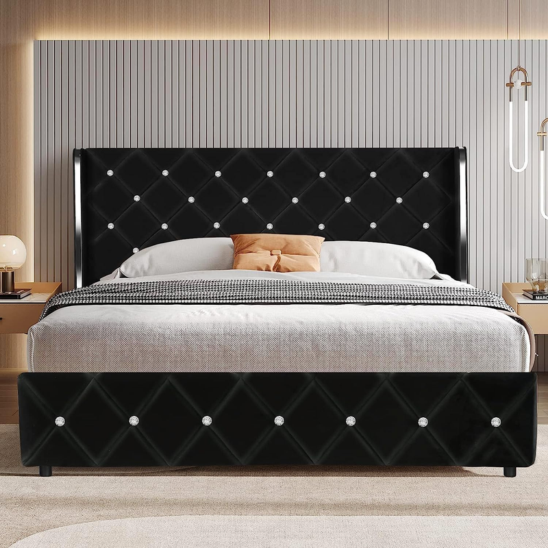 Queen Size, Velvet Upholstered Bed With Headboard, Black Bed Frame Que