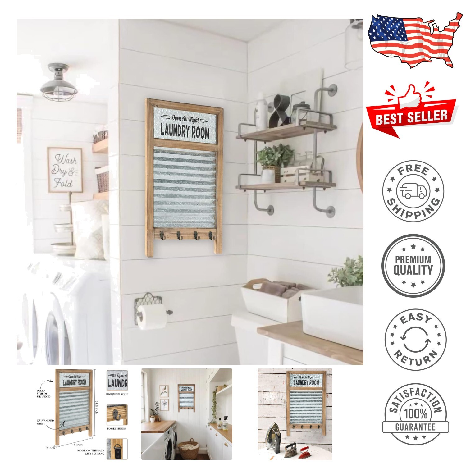 Vintage Galvanized Washboard with Towel Hooks - Stylish