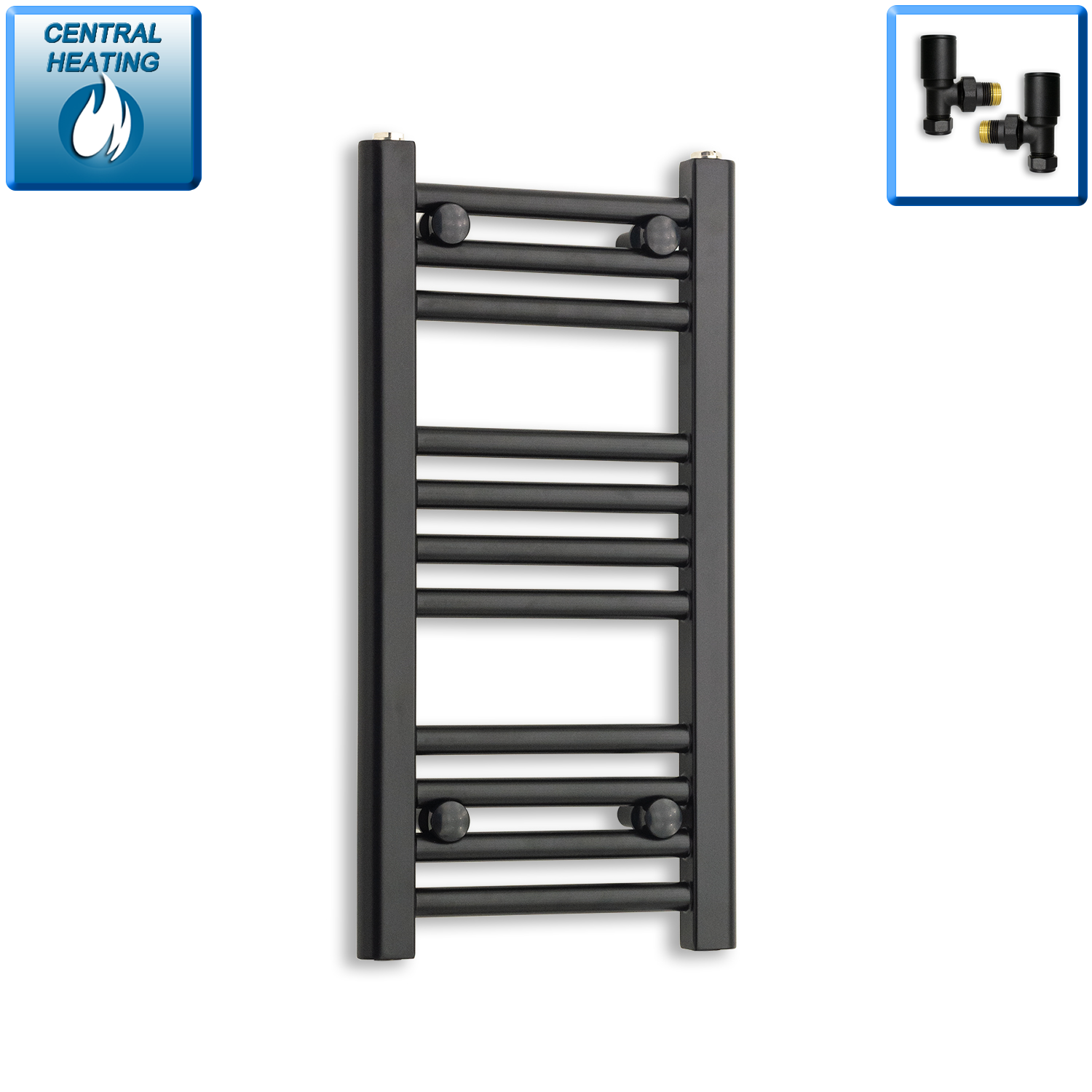 300mm Wide 600mm High Straight Black Heated Towel Rail Radiator Modern