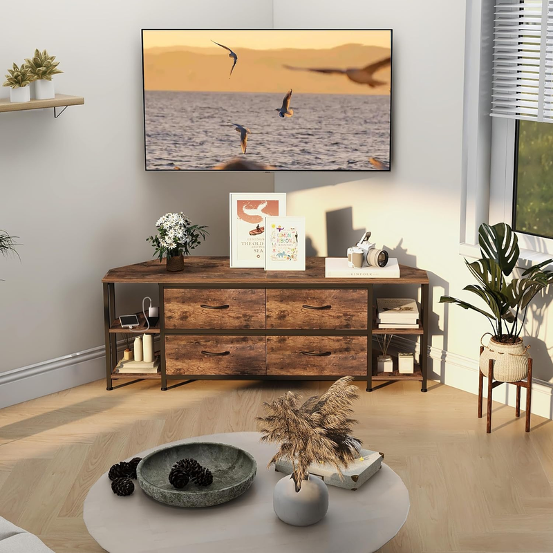 Corner TV Stand for Living Room with 4 Drawers and Power Outlet Industrial Corne