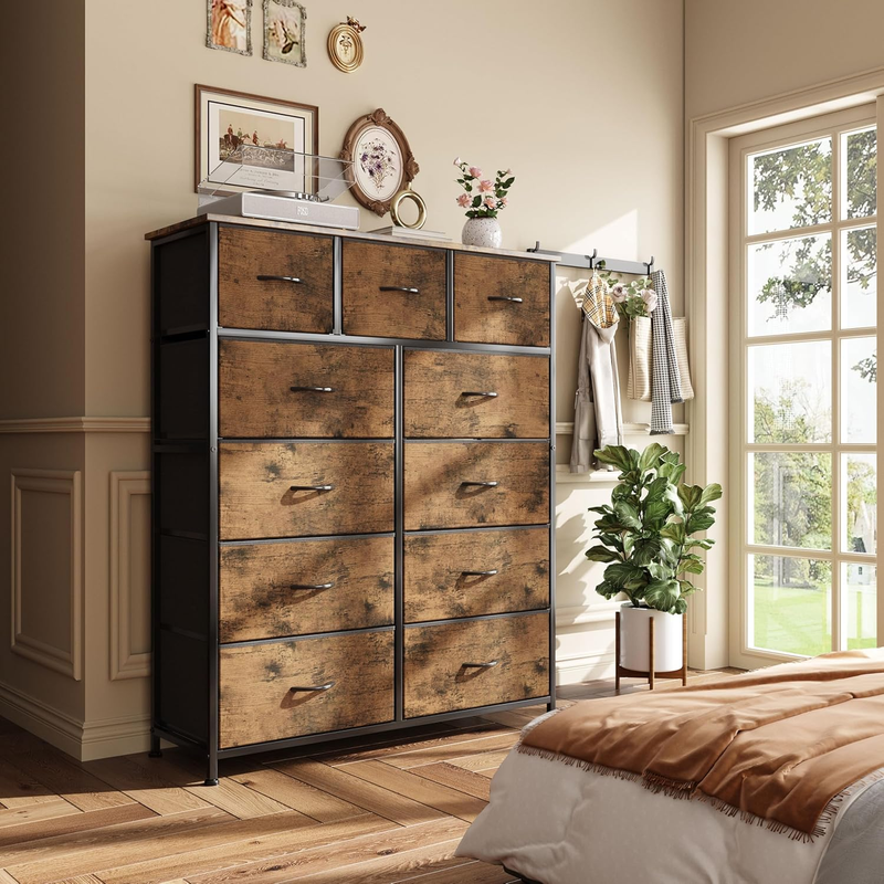 Tall Dresser for Bedroom with 11 Drawers, Chest of Drawers with Wooden Top, Fabr
