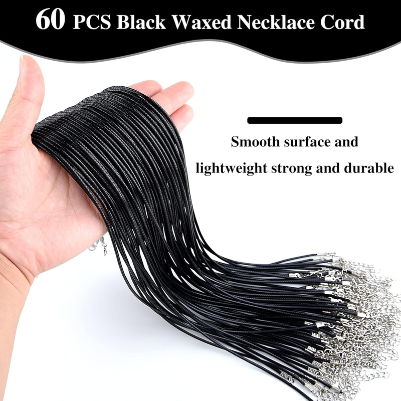 60 Pcs Necklace Cord 2mm Waxed Necklace Cord with Clasp 20 Inch Black Necklace S