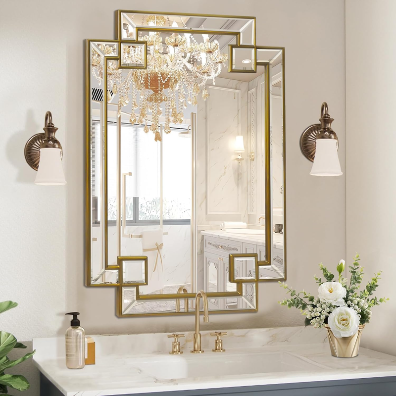 Antique Gold Mirror for Bathroom, 24X36 Inch Rectangle Bathroom Vanity Mirror for over Sink, Modern Decorative Mirror for Living Room Entryway Fireplace Mantel (Horizontal/Vertical)