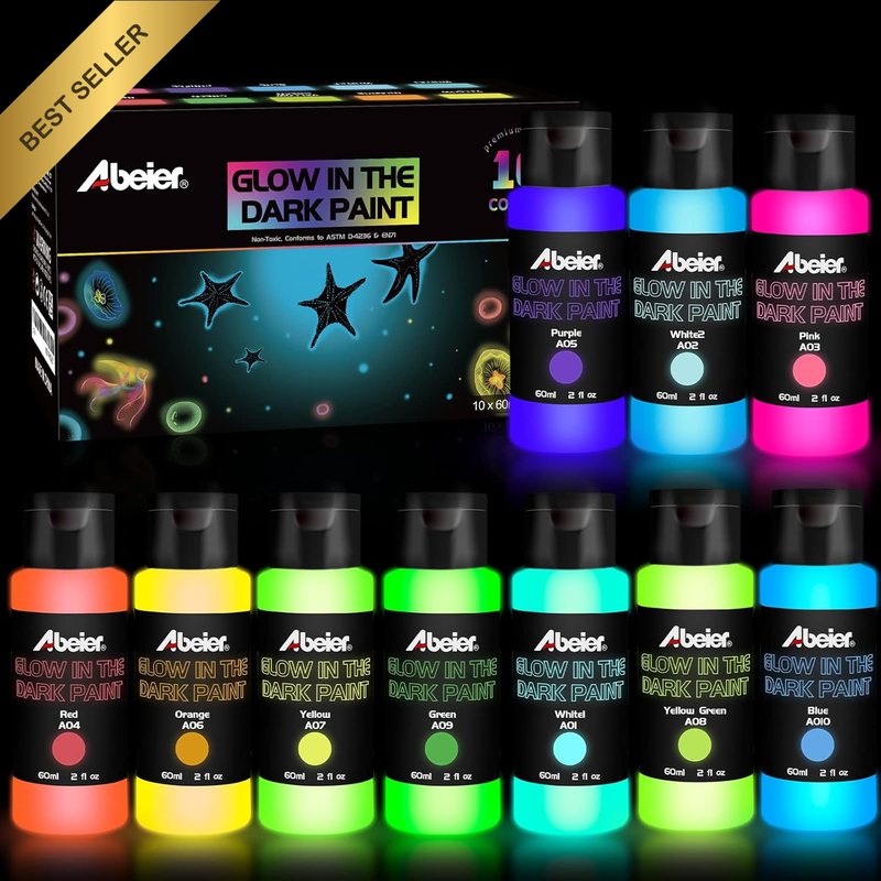 Glow in the Dark Acrylic Paint, 10 Bright Colors(60Ml/2Oz) Blacklight Paint, Neo