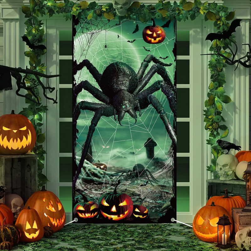 Halloween Door Cover Giant Spider Web 35x70 in Front Door Banner Porch Backdrop