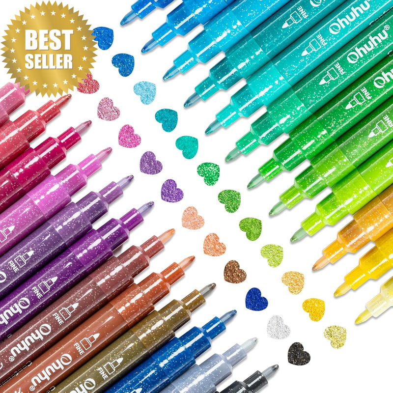 Acrylic Glitter Markers, 24 Metallic Glitter Colors, Fine Tip Paint Pens for Fin