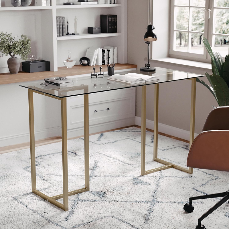 Eli Home Office Desk with Glass Top and Steel Frame, Polished Brass