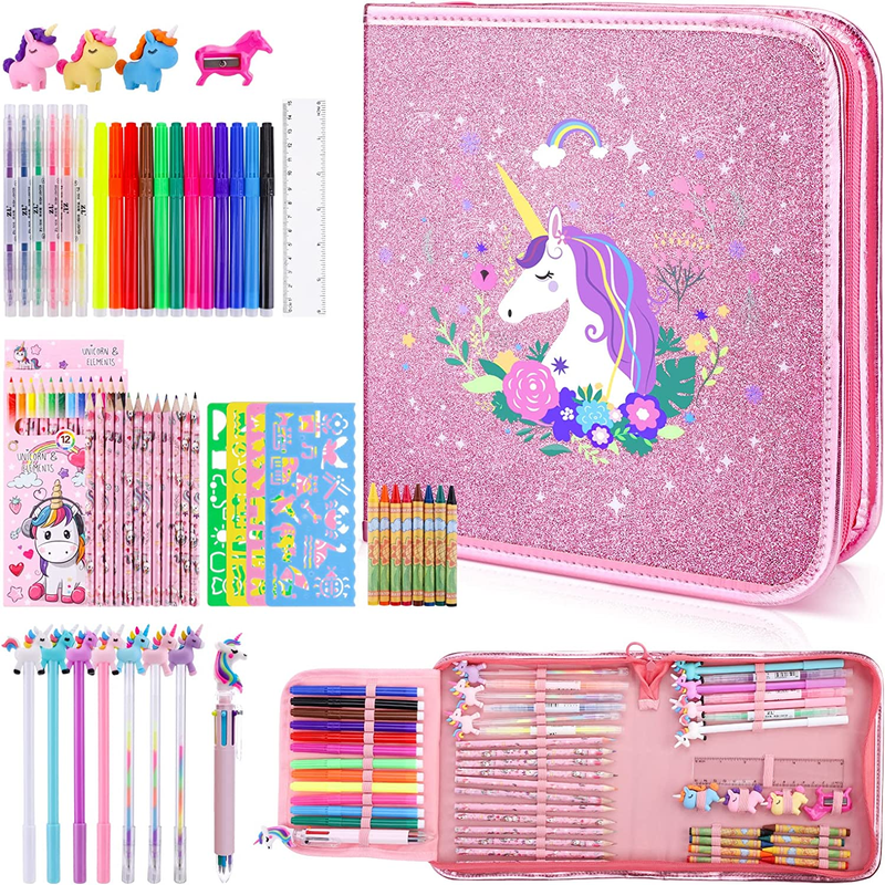 Set 56 Pcs With Glitter Unicorn Pencil Case & Stationery,