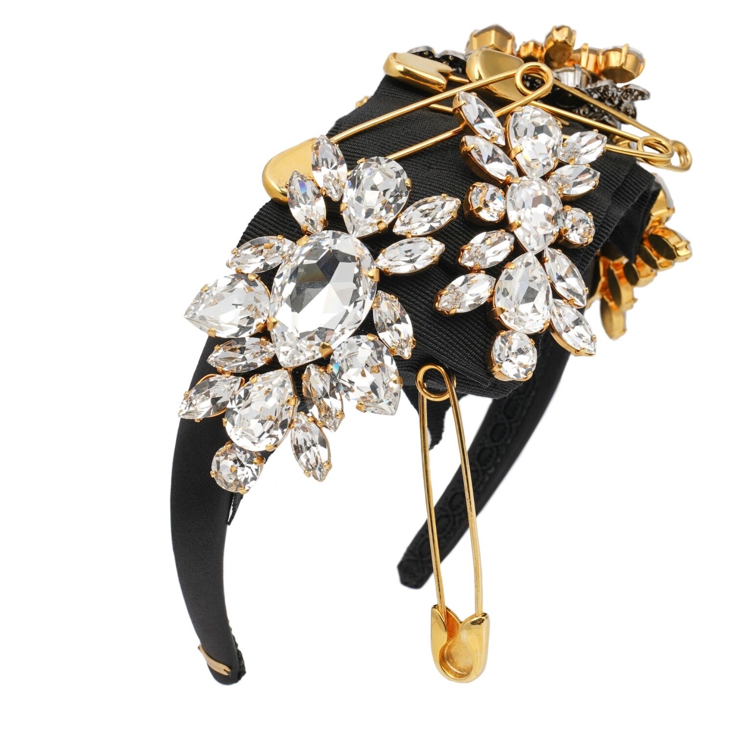 Брошь с кристаллами Dolce & Gabbana, повязка на голову с иглой, Черное золото, Белая лента для волос