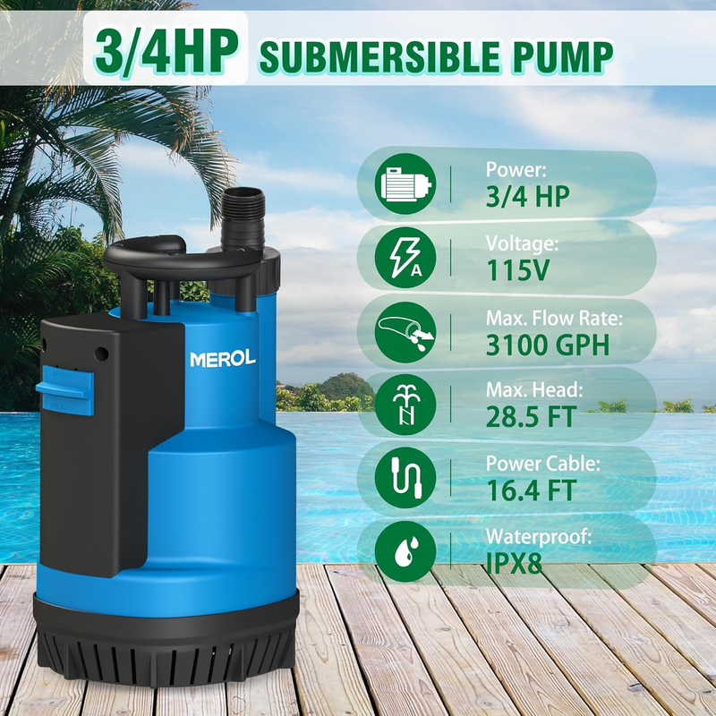 Submersible Water Pump 3/4HP 3100GPH Utility Pump, Auto/Manual Control by Integr