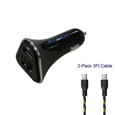 UCA3B-34S 3-port Smart USB Car Charger bundle with 2 pcs 3ft Micro USB Cable